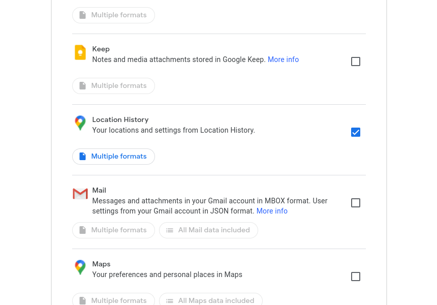 Screenshot of the list of data sources in the Google Takeout page, with 'Location History' selected.
