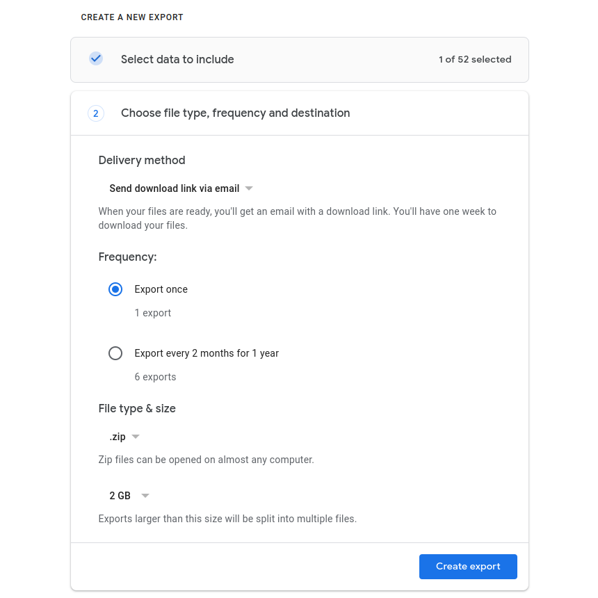Screenshot of the extraction options panel in the Google Takeout page.